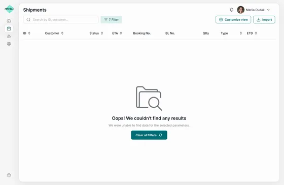 Search with no results: “Oops! We couldn’t find any results” and a Clear all filters button