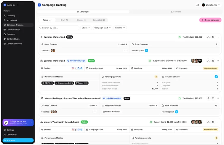 Campaign Tracking: campaign cards with status, budget, proposals and approvals