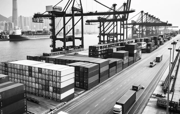 Container terminal: cranes over a ship and stacks of containers by the road