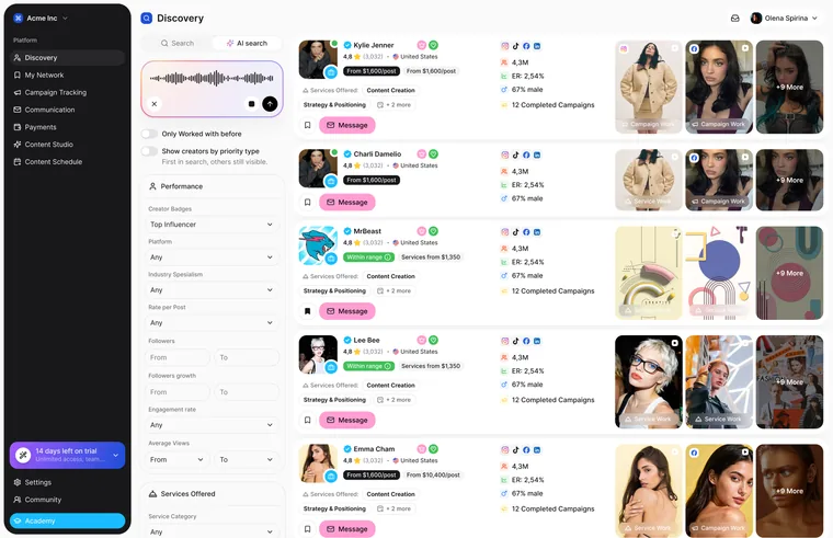 AI search for a brand: a spoken prompt and matching creators, each with a reason for the match