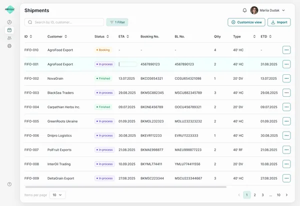 Shipments list with a status for each shipment; the new shipment FIFO-010 is in Booking
