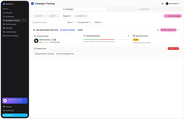 Campaign Tracking: the Dispute tab with a campaign card in dispute