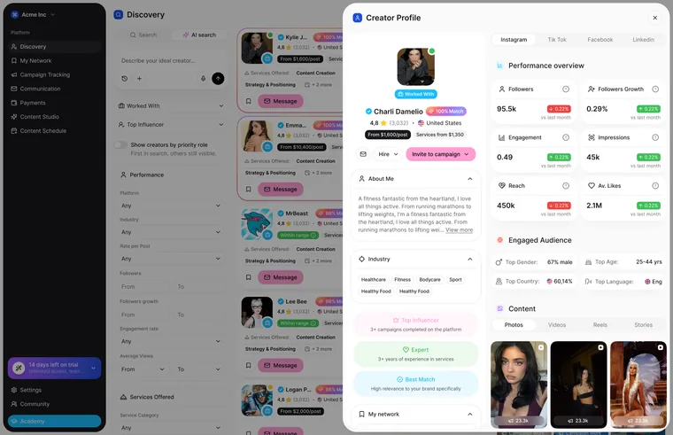 Discovery with the creator profile drawer: performance overview, audience and content