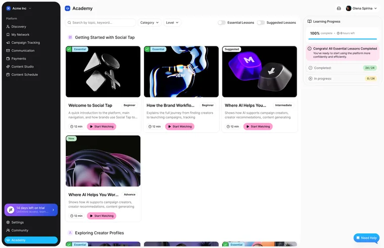 Academy: lessons with progress and a getting-started course