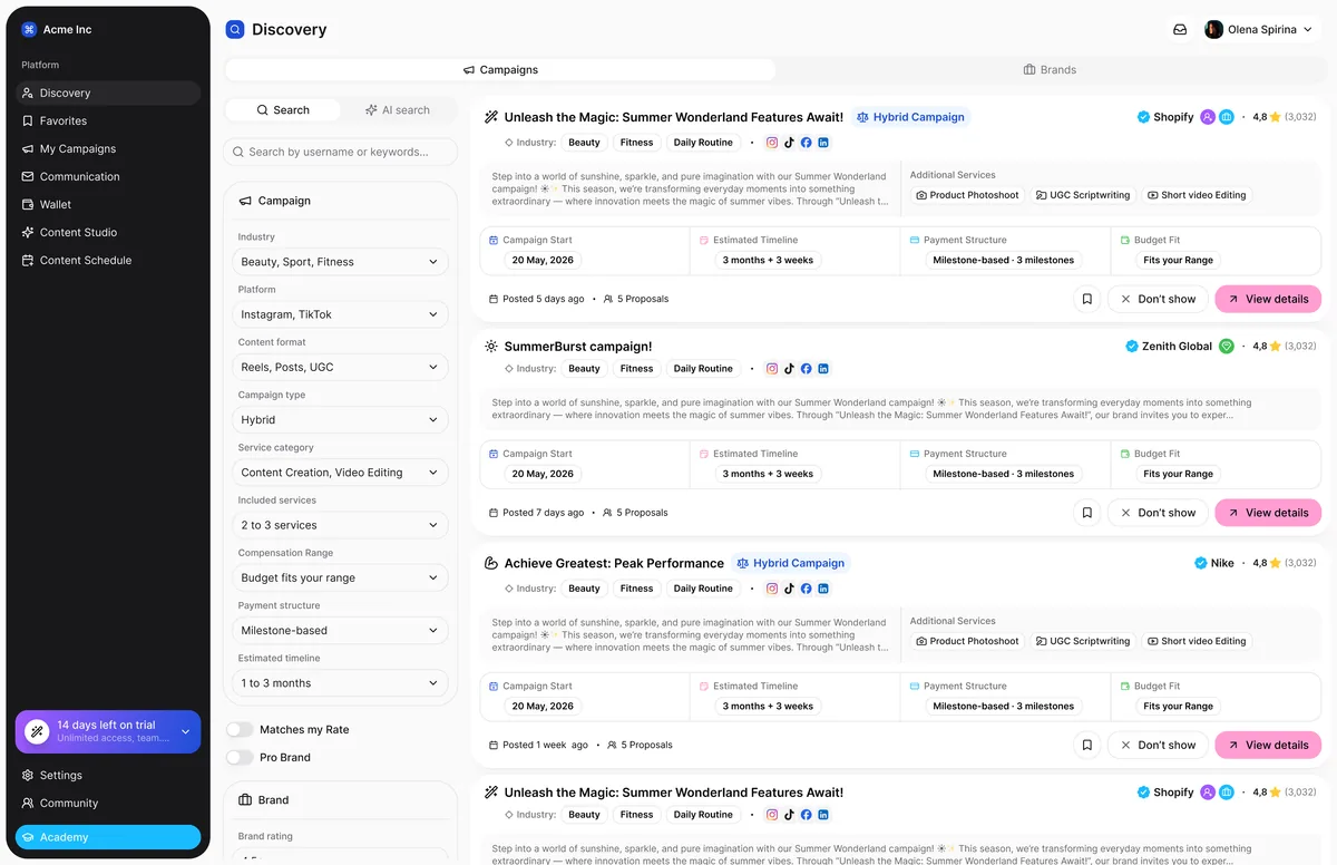 Campaign discovery screen of the SocialTap marketplace