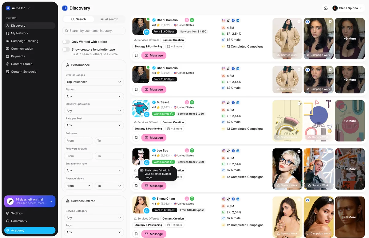 Creator discovery screen of the SocialTap marketplace