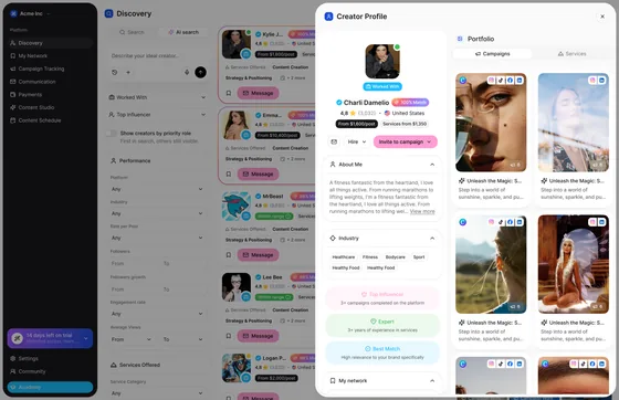 Discovery with the creator profile drawer open: stats, audience and portfolio